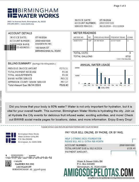 realista REINO UNIDO BIRMINGHAM WATER Business Utility Bill Modelo Word e PDF 1